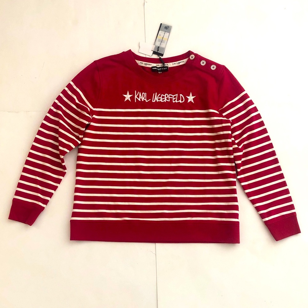 Karl Lagerfeld M Striped Red Crewneck Sweater Sweatshirt Button Embroidered Logo